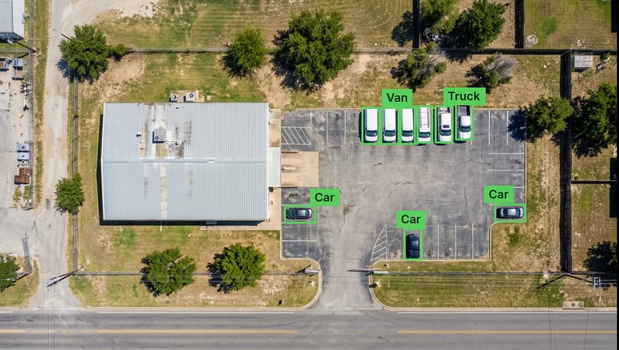 A satellite view of a shop's lot with a box around each vehicle