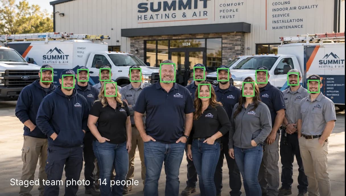 A company's team photo with a box around each of the 14 faces