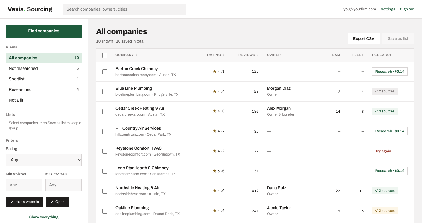The Vexis Sourcing workspace: a list of chimney and HVAC companies with ratings, owners, team and fleet counts, and research state.
